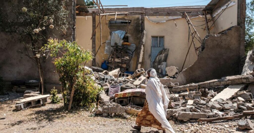 Destruction caused by air strikes in the Ethiopia town of Mande