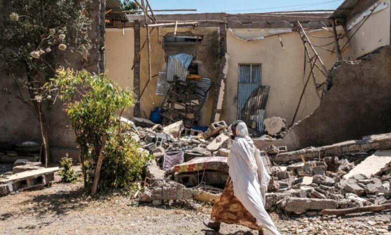 Destruction caused by air strikes in the Ethiopia town of Mande