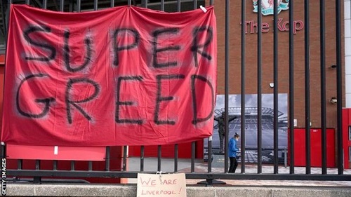 Clubs at the forefront of the 'Super League' has been described as greedy as captured in this banner displayed by fans