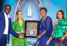 Ms Samia Nkrumah (second from left) presenting the plaque to Ms Kudjordji