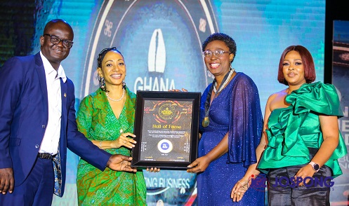Ms Samia Nkrumah (second from left) presenting the plaque to Ms Kudjordji