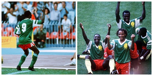 • Cameroon’s Roger Milla (left) and teammates celebrating during the 1990 World Cup