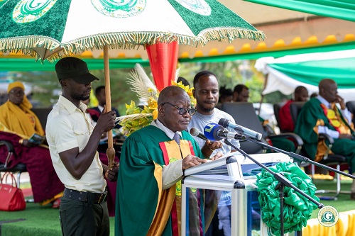 • Prof. Adimado (inset) administering the matriculation oath to the students