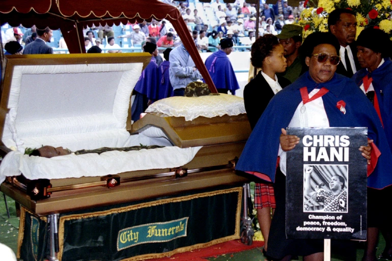 South Africans mourn slain anti-apartheid leader, Chris Hani, as his body lies in state in Johannesburg in April 1993.
