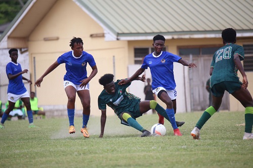 Hasaacas Ladies striker (middle) is put under pressure by Jennifer Numuah and Cecilia Agyiri in their game