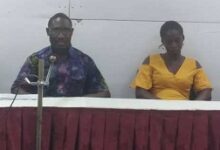 • Ebusuapanyi Kojo Badu (middle) speaking at the press conference. With Him is Akoto Amaonnie (right) and Akwasi Ameni