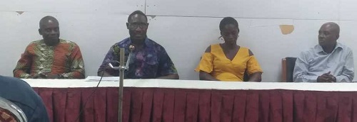 • Ebusuapanyi Kojo Badu (middle) speaking at the press conference. With Him is Akoto Amaonnie (right) and Akwasi Ameni