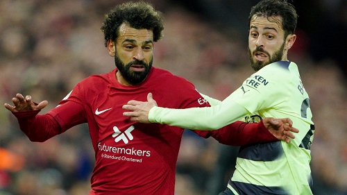 • Liverpool's Mohamed Salah (left) and City's Bernardo Silva during their Premier League clash in Octobe
