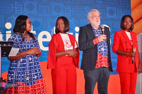 Mr Leo Skarlatos (second from right) with Dr Mary Ansong (right) and Ms Martha Wiafe performing the launch. Photo. Vincent Dzatse