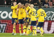 • Sweden players celebrating the winner