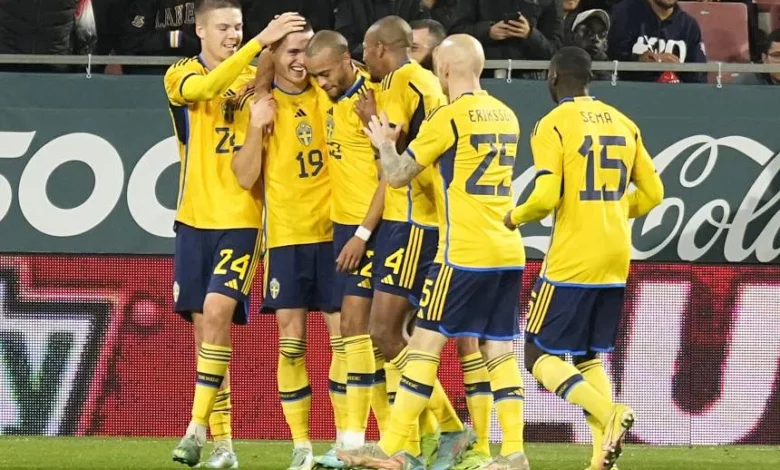• Sweden players celebrating the winner