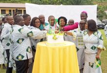 • Deputy Minister, Lands and Natural Resources, George Mireku Duker (middle) with Ms Mends (fifth left),National President, TARSCO past students and Mrs Hannah Owusu-Koranteng(third rt) to cut the anniversary cake.