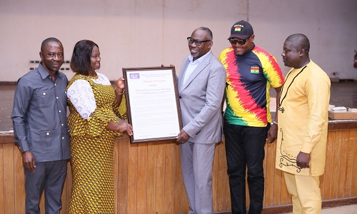 • From left: Mr Addison, Mad. Gyina Bediako, Rev. Prof.Addo-Obeng (receiving his citation), Dr Minta-Nyarko and Apostle Kusi-Appiah