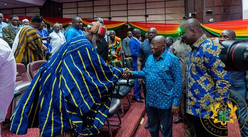 • President Akufo-Addo (middle) exchanging plesantries with some chiefs on his arrival for the programme