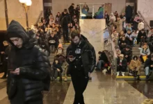 • People shelter inside a metro station during substantial missile attacks on Kyiv