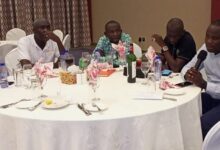 • Pic Kally (right with microphone) Mr Owusu-Bempah (second right) addressing the media soiree