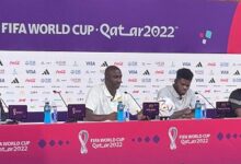 Ghana's Otto Addo, Thomas Partey and FA's Communication Director, Henry Twum (right) address yesterday's press conference