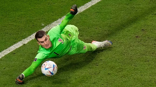 Goalkeeper Dominik Livakovic dives to his right to make the match-winning save that handed Croatia the qualification ticket