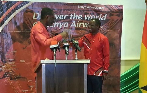 Mr Mark Okraku Mantey (left) proposing a tose with Mr Eliphas Barine (right).Photo Godwin Ofosu-Acheampong