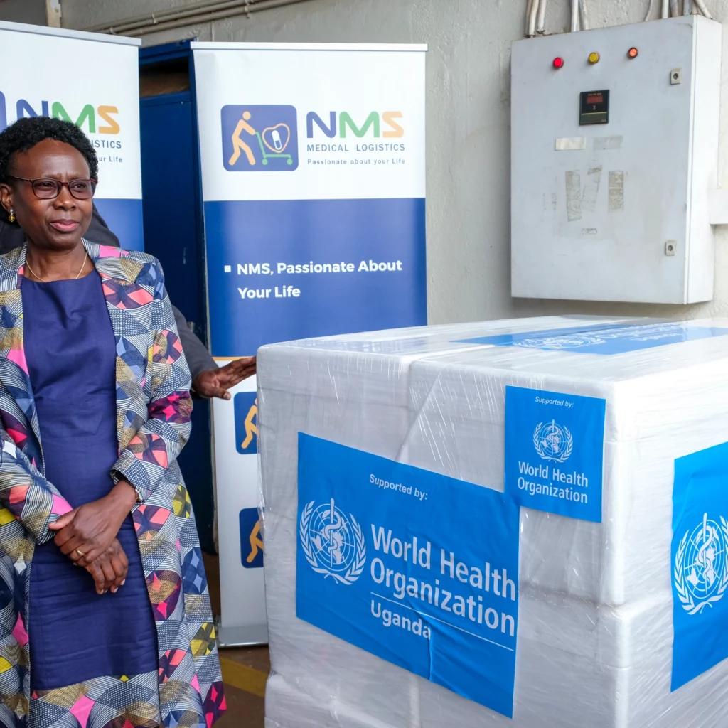 • Uganda's Minister of Health, Jane Ruth Aceng, receives boxes containing one of three candidate vaccines against the Sudan strain of the Ebola virus in Entebbe, Uganda