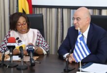 • Ms Shirley Ayorkor Botchwey (left) speaking during the meeting. With her is Mr Nikos Dendias Photo: Victor A BuxtonMr