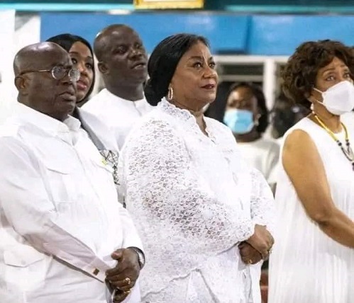 • President Akufo Addo (left) with his wife Rebecca at the 31st watch night service at the Ridge Church in Accra