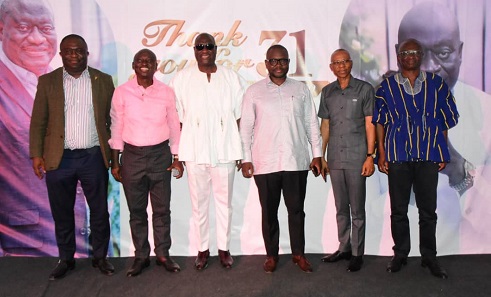 • Mr Solomon Asoalia (third from left) with Mr Francis Asenso-Boakye (third from right), Mr Samuel Atta Akyea (second from left), former Housing Minister and other dignitaries after the send-off party