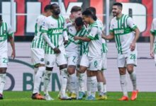 • Sassuolo players celebrating yesterday's victory