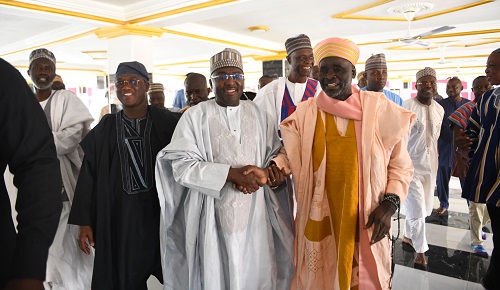 • Inset: Dr Bawumia (second from right) exchanging pleasantries with Alhaji Ibrahim Basha Iddris (right), Chief Imam of Tamale Central Mosque. With them include Mr Alhassan Tampuli Sulemana (left) Photo: Geoffrey Buta