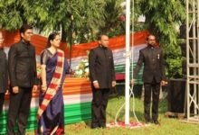 • Amb. Sugandh Rajaram (fourth from left) and other dignitaries after the flag hoisting Photo: Ebo Gorman