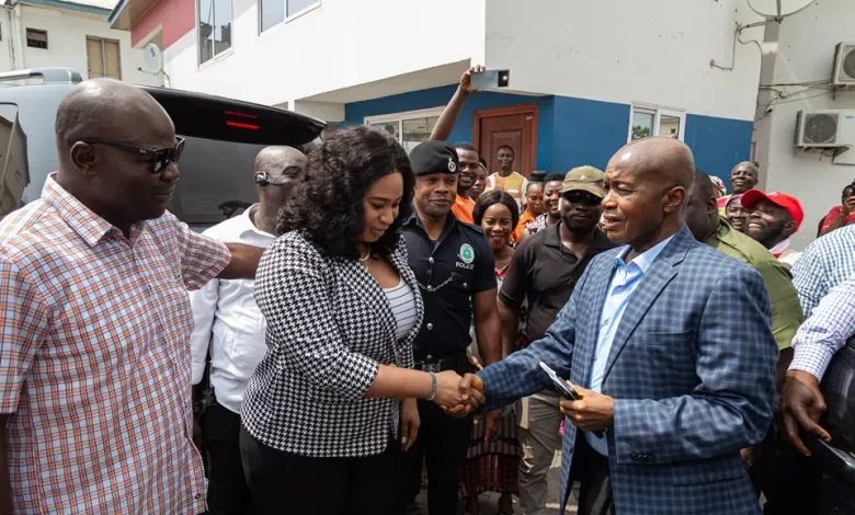 • Ms Adwoa Safo (second from left) in a handshake with Mr Ntim