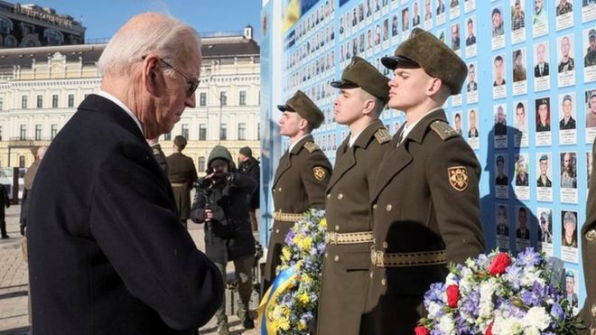 • Mr Biden laid a wreath to commemorate those killed during nine years of conflict