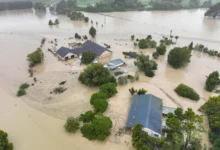 • Flooding caused by Cyclone Gabrielle in Awatoto, near the city of Napier