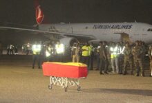 • The remains of Christian Atsu at the Kotoka International Airport, in Accra Photo: Ebo Gorman