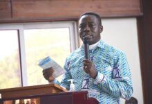 • Rev. Dr John Kwesi Addo Jnr (inset),The new Bible Society of Ghana General Secretary launching the bible week at Mount Olive Methodist Church Photo: Vincent Dzatse