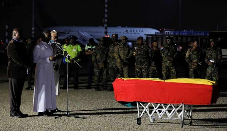 • The casket bearing the remains of the Ghanaian soccer star, Christian Atsu Twasam, arrives at the Kotoka International Airport.