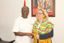 • Mr Ken Ofori-Atta (left) welcoming Ms Svenja Schulze to his office Photo: Ebo Gorman