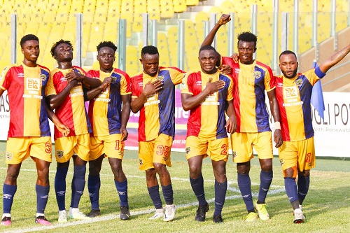• Hearts celebrating one of their late goals against Berekum Chelsea at the Accra stadium on Saturday Photo: Raymond Ackumey