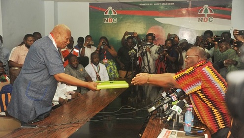 • Prof. Joshua Alabi (left) receiving the presidential nomination forms from Lawyer Kakra Esamoah on behalf of former President Mahama Photo: Ebo Gorman