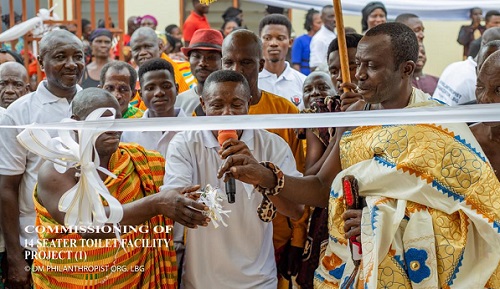 • (Inset) Rev. Badu (middle) and Nana Acheampong I jointly cutting the tape (right) to inaugurate the facility