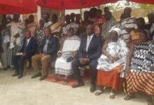 • Inset: Chief Justice Anin Yeboah (seated third from right) with Nana Owusu Barima III and others at the inauguration of the new court building