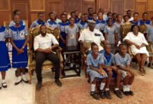 • Mr Kufuor and pupils of Brain Birds Academy