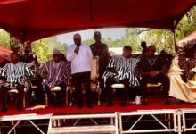 • President Akufo-Addo (standing) addressing mourners during the final funeral rites of Yagbonwura, Sulemana Jakpa Tuntumba Boresa