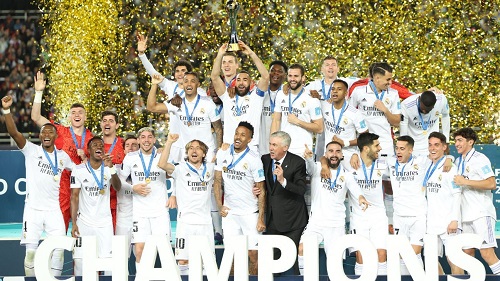 • Real Madrid players celebrating their fifth Club World Cup trophy