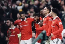 • Fred (middle) being joined by teammates to celebrate his equaliser for United