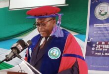 • Professor Philip Duku Osei (inset) addressing the graduands