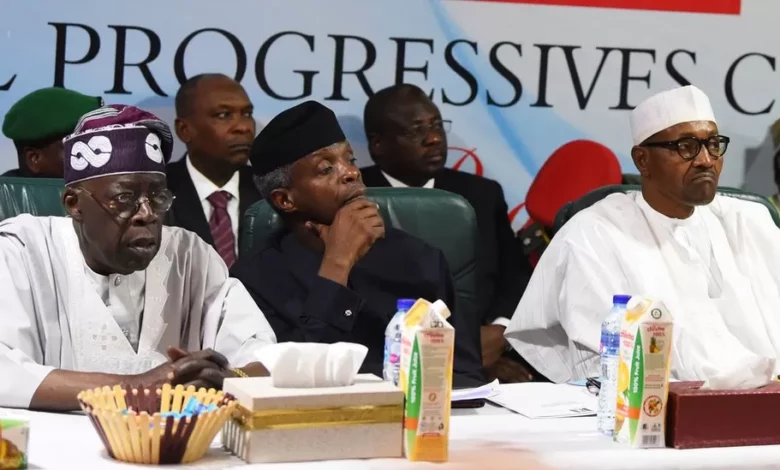 Mr Tinubu (left) claims to have helped both Vice President Yemi Osinbajo (middle) and President Muhammudu Buhari (right) into office