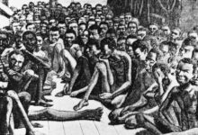 • The crowded deck of a slave ship