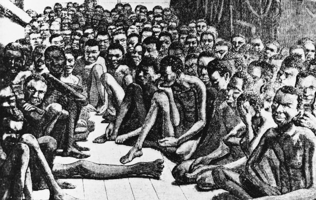 • The crowded deck of a slave ship