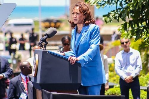 • Vice President Kamala Harris (inset) addressing the public at the programme Photo: Victor A. Buxton